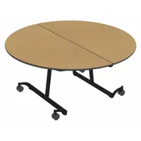This round bi-fold cafeteria table has a 60-inch diameter and 29-inch height. The tabletop features a laminate surface over a particle-board core. It is designed for use in settings such as schools, conference rooms, and event spaces where a space-saving folding table is required
