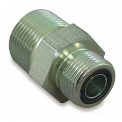 Steel hydraulic hose adapter with ORS male thread on one end and NPTF male thread on the other, providing a rigid straight connection. Used to join O-Ring Seal ports to NPTF threaded ports in hydraulic systems. Fitting size: 1/2 in x 1/4 in.