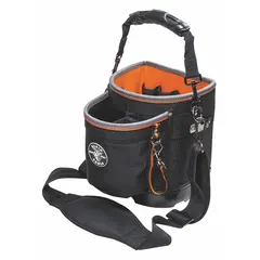 This black polyester tool tote from KLEIN TOOLS measures 8 inches wide by 5 inches deep by 10 inches high. It features 14 total pockets, including 10 inside pockets, for organizing and carrying hand tools, testers, and small parts on job sites.