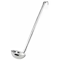 This stainless steel ladle has a 1 oz capacity with a 2 in bowl diameter and 10 in overall length. The silver, unfinished finish is suitable for portioning and transferring liquids or semi-liquids in commercial food service environments