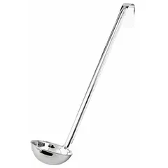 This stainless steel ladle has a 1 oz capacity with a 2 in bowl diameter and 10 in overall length. The silver, unfinished finish is suitable for portioning and transferring liquids or semi-liquids in commercial food service environments.