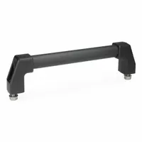 This load-rated straight-leg tubular pull handle features a front-mount design with 19.69 in mounting hole center-to-center spacing and M10 threaded holes. The handle has a black finish with black polyamide legs, suitable for industrial enclosures, machinery doors, and access panels requiring secure, heavy-duty gripping