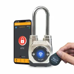 This Bluetooth padlock features a zinc die-cast body and a stainless steel long shackle. It supports NFC for keyless tap-to-unlock access via smartphone. Suitable for securing gates, lockers, cabinets, and storage units where remote access control is desired.