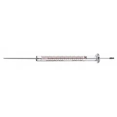 Borosilicate glass barrel with PTFE plunger and replaceable PTFE tip. Cemented needle with Agilent Syringe point style. Includes needles, individually packaged. Used for precise liquid handling in gas chromatography and other analytical applications.