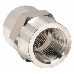 This straight pipe fitting is made from 316 stainless steel for corrosion resistance. It has a 1/4 in x 1/4 in fitting pipe size, a maximum operating pressure of 6600 psi, and a length of 1 1/8 in. Used in extreme-pressure instrumentation systems for hydraulic, pneumatic, and process control applications.