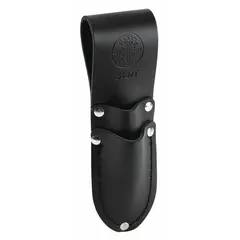 Black leather sheath with two pockets, designed to carry scissors. Features an open top and a belt slot for attachment to belts up to 2 1/4 inches wide. Suitable for tradespeople requiring convenient access to scissors while working.
