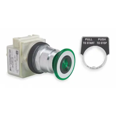 SCHNEIDER Mushroom Head Push Button: Green, 30 mm Mounting Size, Metallic - Illuminated Mushroom-Head Push-Button Operators