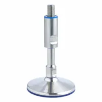 Hygienic male leveling mount with swiveling stud, round base shape, and 1 in hex size. Thread size 1"-8, base diameter 3.15 in, load capacity 15,062 lbf. No mounting holes. Used for leveling and stabilizing equipment in sanitary environments