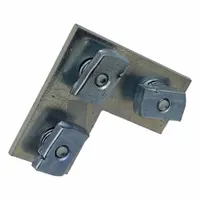 Steel flat fitting corner plate with three 9/16 in diameter holes. Used to join and reinforce strut channels in industrial framing, cable tray, and pipe support systems