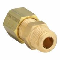 This brass compression fitting connects 15 mm OD tubing to a 1/2 in BSPT threaded pipe. It is used in fluid systems for pneumatic, hydraulic, and lubrication applications requiring a leak-tight joint