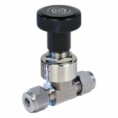 This straight-body metering needle valve is constructed from 316 stainless steel with a 17-4PH stainless steel regulating stem. It features Let-Lok x Let-Lok connections for secure tube fitting. Used for precise flow control in industrial plumbing and instrumentation systems handling high-purity or corrosive fluids.