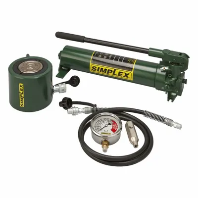 SIMPLEX Cylinder and Hand Pump Set: 100 ton Cylinder Nominal Capacity, 2 1/4 in Cylinder Stroke - Low Height Ram & Pump Sets