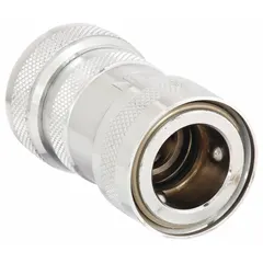 This rigid adapter connects garden hose threads (GHT) to push-fit systems. Female x female configuration with 1/2 in x 3/4 in fitting size. Overall length 1 61/64 in. Used for fluid transfer in industrial piping and hose assemblies.