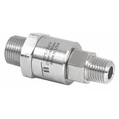 This MOSMATIC rotary union is a straight, single-passage joint made from nickel-plated C38500 brass. It is designed for air service and features a 3/8 inch stationary port with a maximum operating speed of 30 RPM. Typical applications include transferring air from a stationary supply line into rotating machinery in industrial settings such as packaging, printing, and material handling.