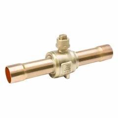 This sweat connection refrigeration ball valve features a 1 5/8 in female sweat connection for direct brazing into copper lines. It has no access port and no relief port, and is A2L compatible for use with low-flammability refrigerants. Suitable for controlling refrigerant flow in commercial and industrial refrigeration systems.