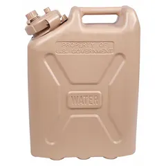 This 5-gallon plastic water container features a hard-sided design in tan. With overall dimensions of 13 1/2 inches in length and 6 inches in width, it is suited for portable water storage and dispensing in field environments such as campsites, emergency preparedness, and industrial job sites.