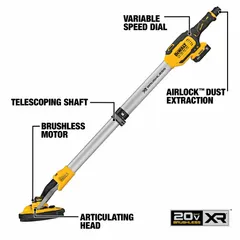 Cordless drywall sander with a 9-inch hook-and-loop disc and variable-speed trigger. Brushless motor provides efficient operation. 49-inch overall length. Suitable for sanding drywall joints and surfaces on walls and ceilings.