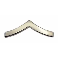 This metallic insignia is a 3/4 inch silver chevron with a clutch pin attachment. It is used to display rank on military, law enforcement, or other uniformed service garments where metal insignia is required.