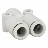 Polybutylene terephthalate push-fit wye fitting with three 6 mm OD ports. Used to branch pneumatic tubing in fluid-power systems, enabling straightforward line splitting for automation and material handling applications