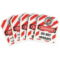 This plastic Danger Do Not Operate tag features a write-on surface for recording date and name. It is printed in English and includes the word Danger. Used in lockout/tagout procedures to communicate hazards and prevent accidental equipment operation during maintenance or repair