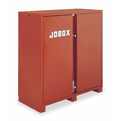 Jobsite cabinet with 49 cu ft capacity, measuring 24 in W x 72 in D x 61 in H. Brown finish. Includes a padlock for securing tools and equipment on construction sites, warehouses, and industrial facilities.