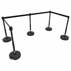 This retractable belt barrier system includes five black round flat posts with yellow receiver heads. Each post stands 42 in high and extends a 15 ft belt with no pattern or message. Used for crowd control and area delineation in industrial facilities, warehouses, and public spaces, it provides a simple visual barrier without permanent installation.