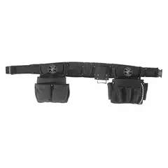 Padded tool belt designed for electricians. Features 27 pockets for organizing tools and a padded back support for comfort during extended use. Fits waist sizes 32 to 36 inches. Black color.