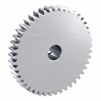 Metric spur gear with locking hub, 45 teeth, 8 mm bore diameter, 20° pressure angle, JIS N8 precision. Made of SUS303 stainless steel. Used in power transmission systems requiring secure hub mounting and precise motion control