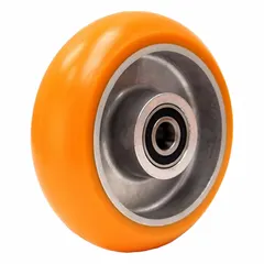 This wheel features a polyurethane tread on a steel core with an Ergo-Tech™ tread shape, providing floor protection and quiet operation. With a 6 in diameter and 2 in width, it supports up to 800 lb. Suitable for material handling equipment such as carts, dollies, and platform trucks on hard surfaces.