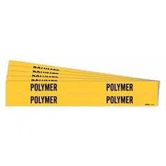 Yellow polymer adhesive pipe markers with black legend text for identifying pipe contents. Each marker fits pipe outer diameters from 3/4 to 2-3/8 inches. Pack includes 4 markers without arrows, sold in a 5-pack configuration. Suitable for use in industrial facilities for pipe identification and safety compliance.