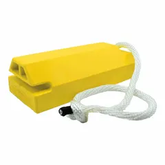 Urethane aircraft wheel chock measuring 19 1/2 in overall length, 7 1/2 in overall width, and 5 1/4 in overall height. Supplied as a single chock for securing aircraft during ground operations, maintenance, and parking.