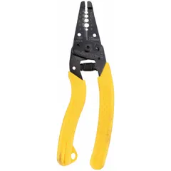 This wire stripper is designed for stripping insulation from solid copper wire in electrical installations, maintenance, and repair work. It features a standard cushion grip for comfort and has a stripping range of 16 to 8 AWG. The overall length is 6 inches.