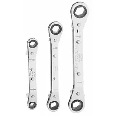 This set includes three SAE double-end ratcheting box end wrenches with a chrome finish. The 6-point design provides a secure grip on hex fasteners, and the ratcheting action allows use in confined spaces. Head sizes range from 1/4 in to 9/16 in. Suitable for tightening or loosening nuts and bolts in mechanical and industrial settings.