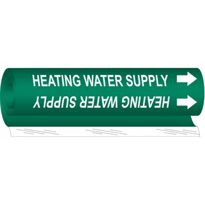 BRADY Pipe Marker: Heating Water Supply, Green, White, Fits 1 1/2 to 2 3/8 in Pipe O.D. - Heating Water Supply Wrap-Around Pipe Markers