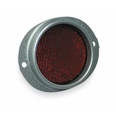 Red round mounted reflector with acrylic lens. Meets SAE A standards for safety marking. Overall length 4-11/16 in, width 3/4 in. Used for vehicle conspicuity and compliance on trailers, trucks, and industrial equipment.