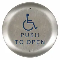 This push-to-exit button is constructed from aluminum and stainless steel with a gray finish. It measures 4 1/2 inches wide and 5/8 inches deep, operating by push activation. Designed for use in access control systems, it meets ADA compliance requirements for egress applications in commercial and institutional settings