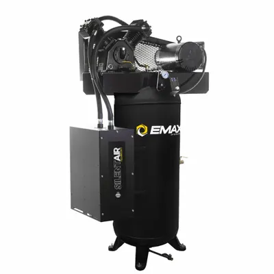 EMAX Electric Air Compressor: 5 hp, 2 Stage, Vertical, 60 gal, 17 cfm, 150 psi - Quiet Splash Lubricated Electric Air Compressors with Silencer