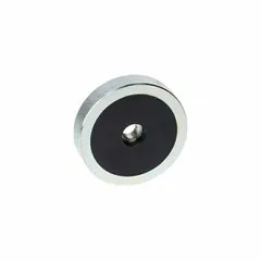 Cup magnet with neodymium element, 10 mm outside diameter, 3 mm tap size, 4.5 mm thickness, and 4.3 lbf maximum pull force. Designed for industrial holding, fixturing, and light-duty clamping applications where compact magnetic force is required.