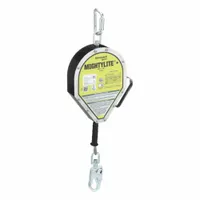 Overhead-only mounted SRL with 50 ft steel lifeline and carabiner anchorage connection. ANSI Class 1 compliant for fall arrest in overhead anchoring applications