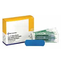Sterile, latex-free plastic strip bandage measuring 1 inch wide by 3 inches long. Water resistant and not metal detectable. Packaged unitized in a box. Complies with ANSI Z308.1-2015 standards. Used for covering minor cuts, scrapes, and wounds in workplace first aid kits