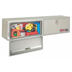 This topside box features double drop-down doors with a rotating T-handle latch and keyed lock for secure storage. The silver finish provides weather resistance. Designed for mounting on truck beds to store tools and equipment.