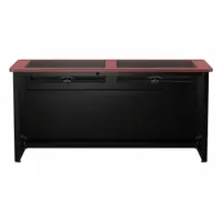 This computer desk features a cherry wood desktop and a black steel frame. It includes a modesty panel and provides a 60-inch wide work surface. Suitable for office or home computer workstations, it accommodates monitors, keyboards, and accessories
