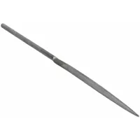 Half round needle file with a length of 5 1/2 inches, width of 3/16 inches, thickness of 1/16 inches, and Type 0 cut. Used for precision filing of small parts, dies, and molds in tool and die making, metalworking, and jewelry fabrication. Suitable for finishing flat and curved surfaces