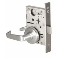 This BEST passage lever lockset is designed for interior doors that do not require locking, such as hallways, closets, or restroom entrances. It features a satin chromium-plated stainless steel finish, is ADA compliant, and includes an interchangeable core for quick rekeying. The lockset function is ANSI F01 (passage) with a 40H style, no visual indicator, and is not ligature-resistant