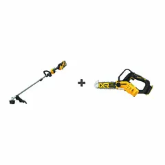 This outdoor equipment combination kit includes a 15-inch string trimmer and a chainsaw, both powered by a 20V MAX* battery system. The kit is supplied with one 9.0 Ah battery. Suitable for cutting grass, weeds, and light brush with the trimmer, and for pruning or felling small trees with the chainsaw.
