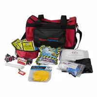 This emergency survival kit is packed in a fabric duffel bag and includes (3) 4.225 oz water pouches with a 5-year shelf life, a leash, pet ID tag, triple antibiotic ointment packet, (3) antiseptic cleansing wipes, and (2) 10 in nitrile gloves. Designed for one person, it provides basic rations, first aid, hygiene, and pet supplies for emergency preparedness at home or during travel