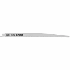 Bi-metal reciprocating saw blade with 6 teeth per inch, 1-7/8 in length, and 0.05 in thickness. Rigid body and tapered design support straight cuts in wood for demolition, construction, and pruning tasks.