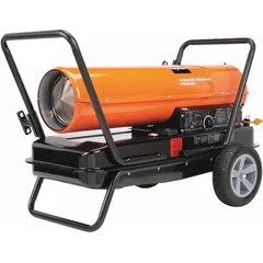 Wheeled-mounted direct-fired torpedo heater with a 13-gallon tank providing 8 hours of operation per filling. Heats areas up to 5,000 sq ft. Features a built-in air pressure gauge. Overall dimensions: 26-1/8 in H x 41-7/8 in L x 23-1/8 in D. Suitable for temporary heating in construction sites, warehouses, workshops, and outdoor job sites.