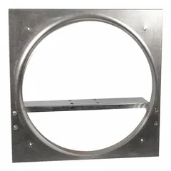 Steel venturi frame designed for wall-mount ventilation fans with a 30-inch blade diameter. Features a 32-1/2 by 32-1/2 inch mounting size and includes a slotted motor base for motor installation. Suitable for use in industrial ventilation systems requiring a durable mounting structure.