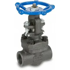 This forged steel gate valve features a rising stem and solid wedge for positive shut-off in high-pressure piping systems. With a 1,975 psi CWP rating, socket x FNPT connections, and a wheel-operated design, it is suited for industrial applications requiring reliable flow control.